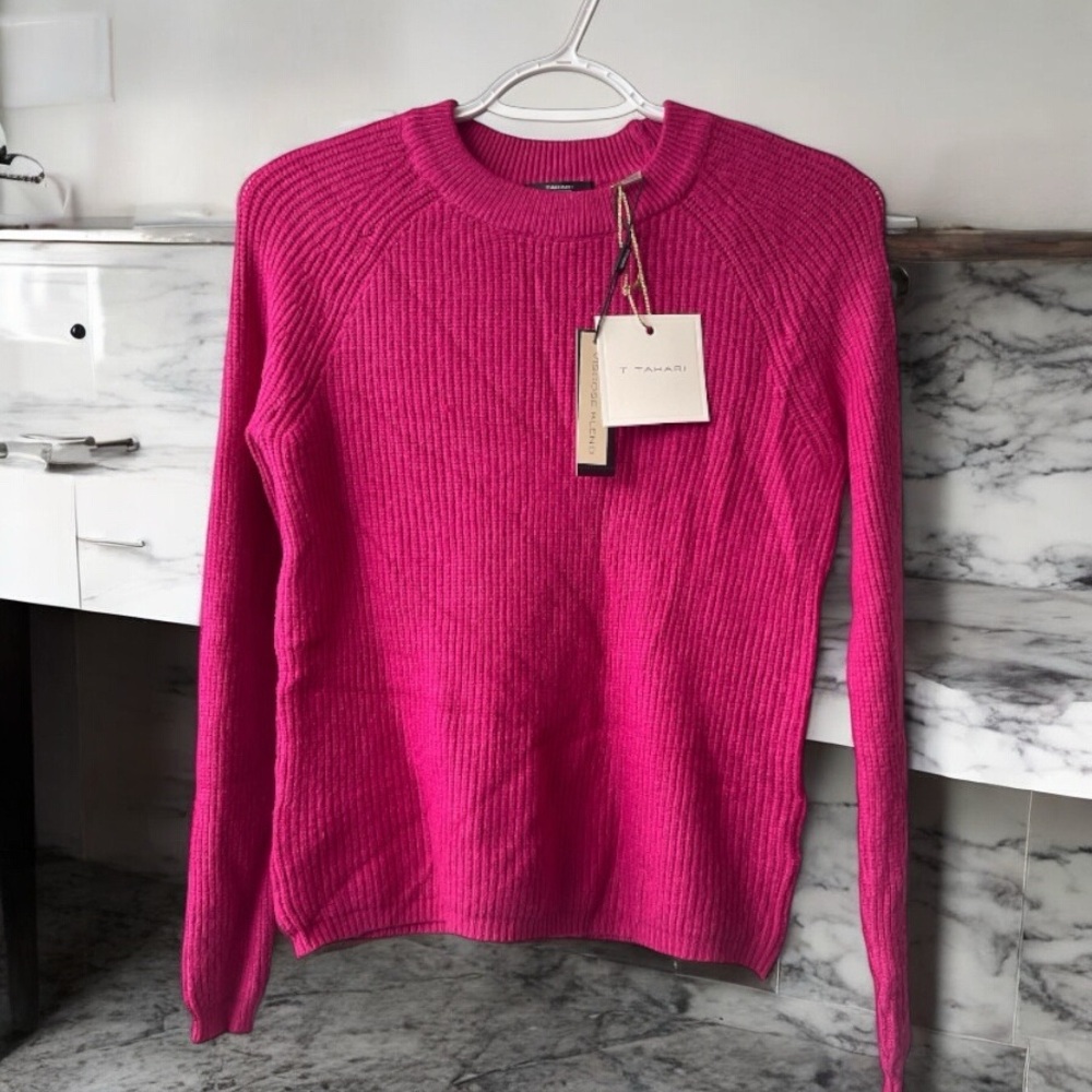 T Tahari Pink Sweater with Soft Knit Texture and Classic Crew Neck
